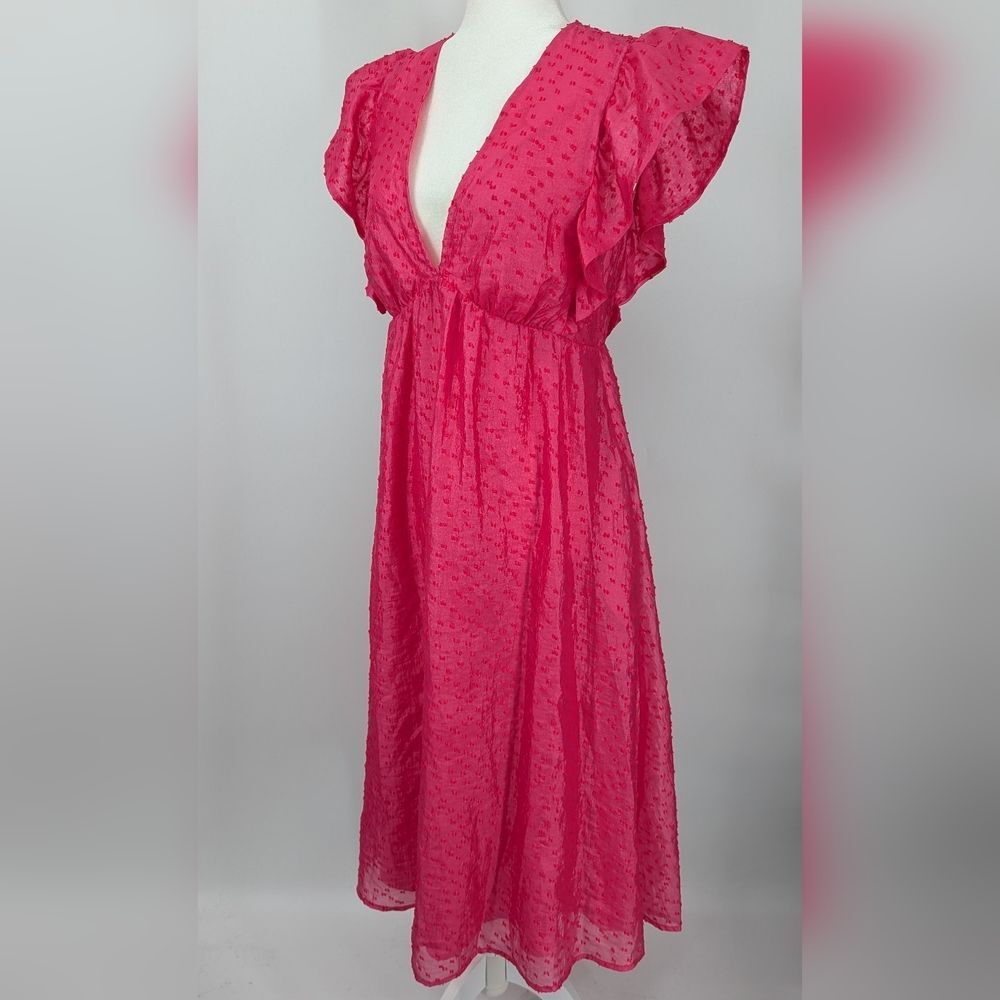 Chelsea28 Hot Pink Ruffle Cap Sleeve Deep V-Neck Organza Midi Dress Medium - Picture 3 of 8